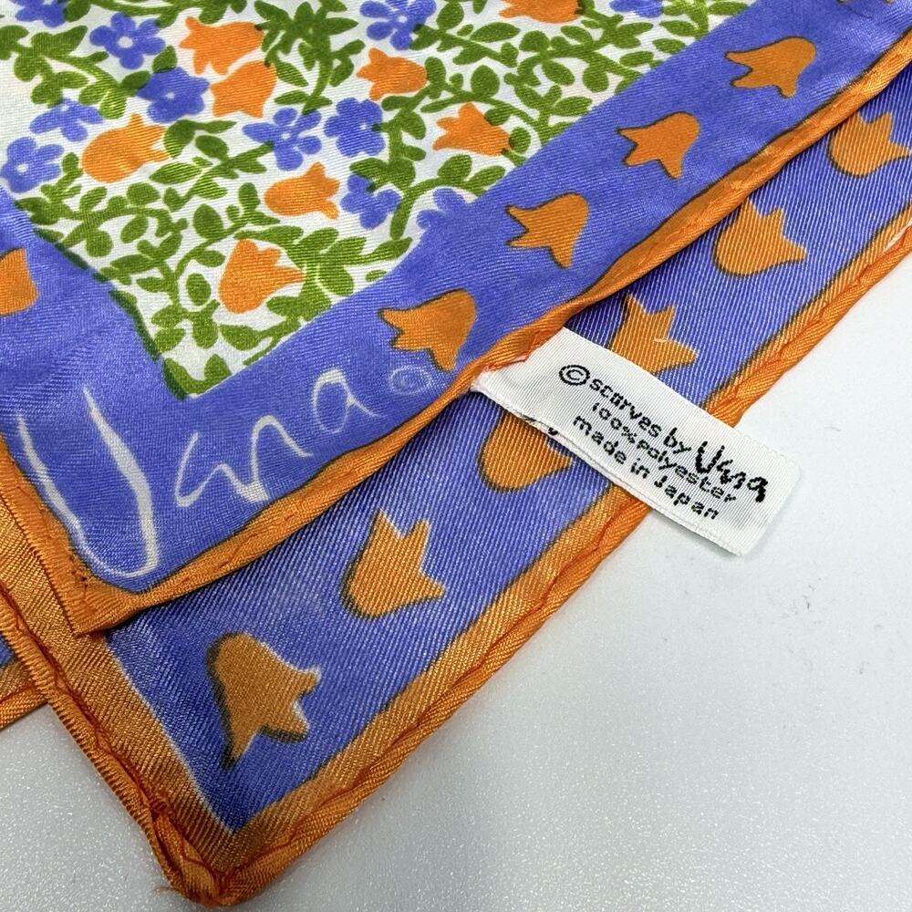 Vera Neumann Signed Scarf Orange Blue Green Orange Floral 28" 1960s Japan - Picture 3 of 5